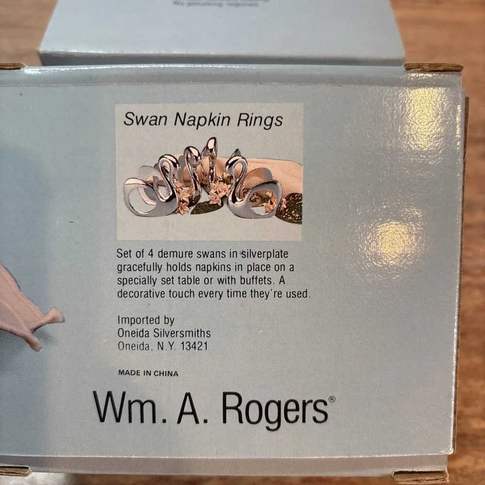 Wm A Rogers Silverplate Swan Napkin Rings MCM Set of 8 Holders 2 Boxes of 4 NIB